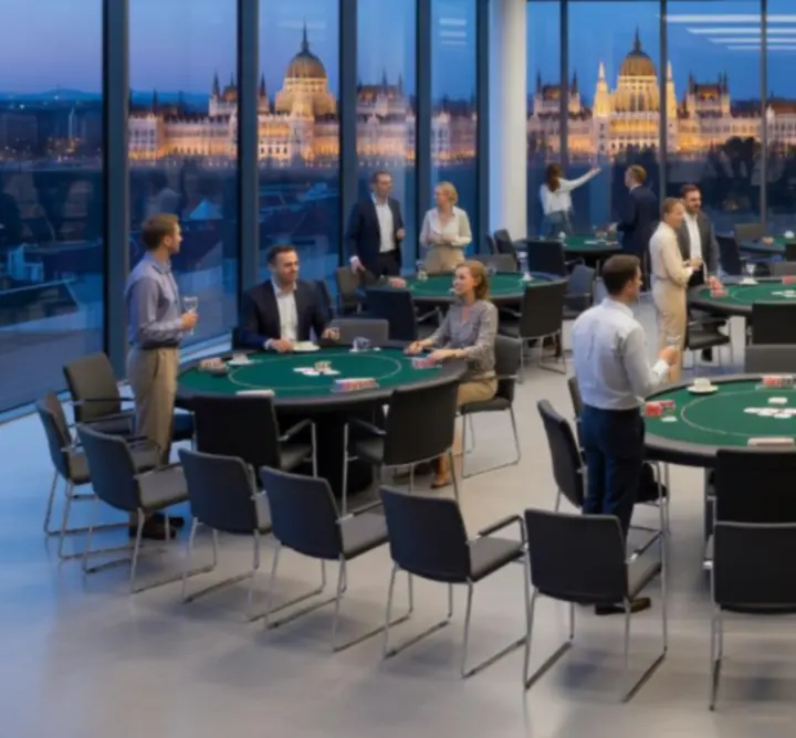 Letisztult, szervezett céges rendezvény beállított asztalokkal és pókerállomással