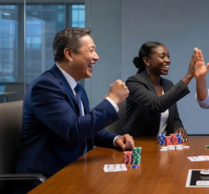 Mosolygó csapat tagjai pókerasztal körül, közös élményen vesznek részt