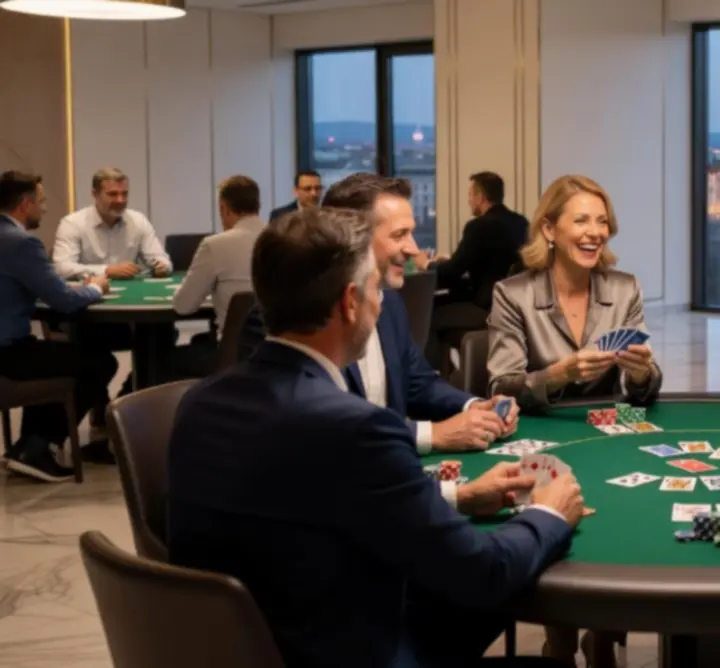 Csoport, amely szervezett pókerasztalnál játszik elegáns, letisztult környezetben