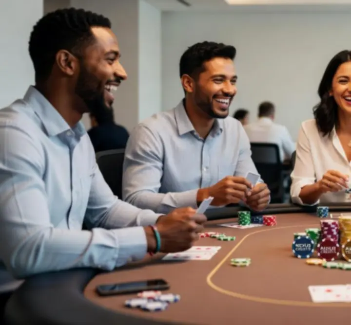 Offline pókerasztal fiktív zsetonokkal, résztvevőkkel egy kockázatmentes céges eseményen