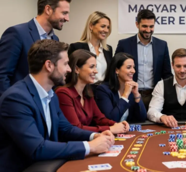 Résztvevők interaktív, szórakoztató pókerasztal mellett