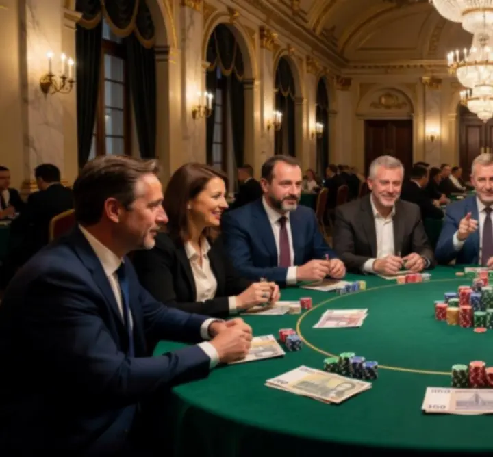 Szervezett pókerasztal beállítás játékpénzes zsetonokkal egy vállalati eseményen