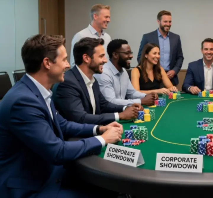 Szervezett offline pókerasztal fiktív zsetonokkal egy céges rendezvényen