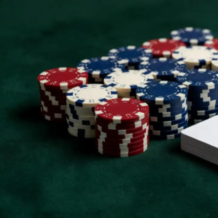 Professzionális pókerfelszerelés: gondosan elrendezett pókerasztal, kártyák és fiktív zsetonok