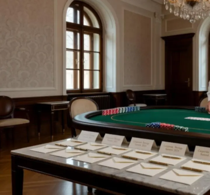 Felállított pókerasztal és rendezvényre kész játékeszközök