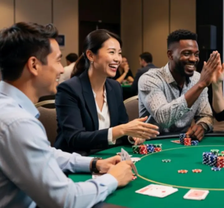 Résztvevők együtt játszanak játékpénzes pókerasztalnál, csapatként gondolkodva