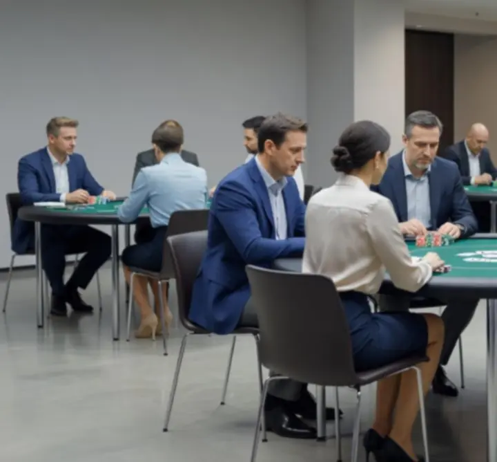 Vállalati csapat élő pókerasztal mellett, strukturált eseményen